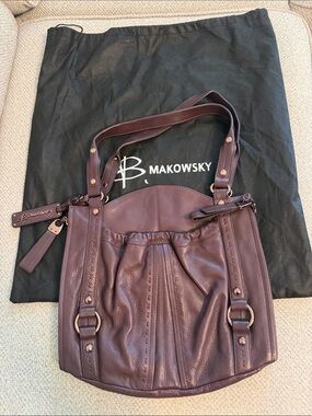 B. Makowsky Women's Leather Shoulder Bag in Deep Plum / Leopard interior & gold